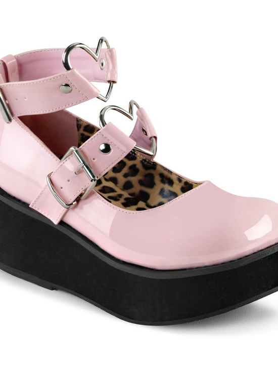 Demonia Shoes - Demonia Pink Patent Platform Mary Janes Size 12 Heart Strap Goth Alt Chunky Shoe